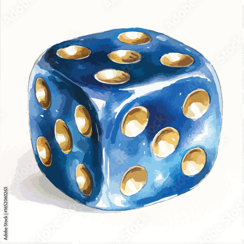Watercolor Style Blue Die with Golden Pips Showing Three Sides