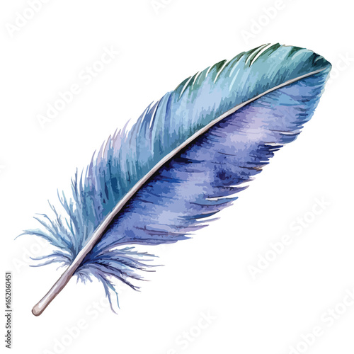 Watercolor style blue feather with detailed barbs and a textured appearance