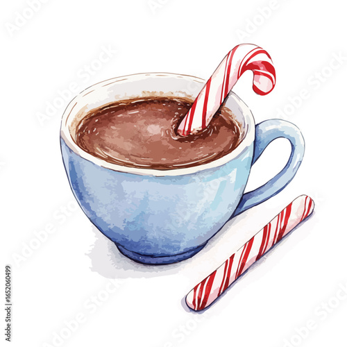 Watercolor style blue mug with hot chocolate and red striped candy canes