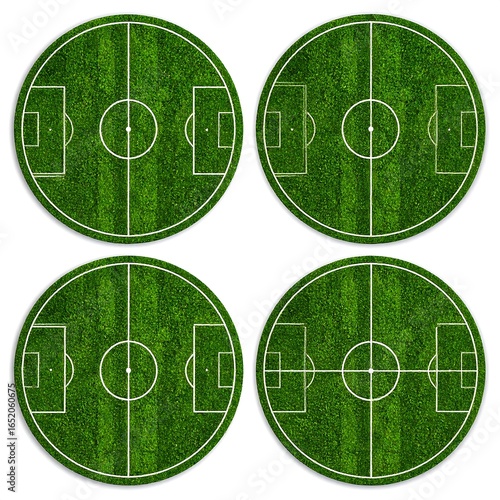 Four circular images, each depicting an aerial view of a soccer field