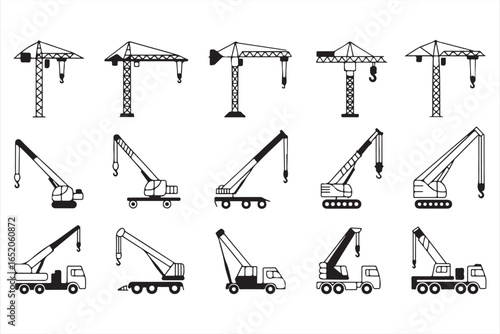 Tower Crane Vector Icon Set Construction Machines and Mobile Cranes Outline