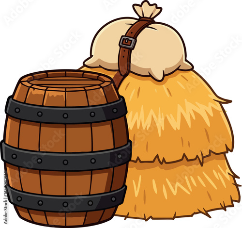 Wooden barrel with haystack and sack vector illustration for rustic farm storage and agriculture use 