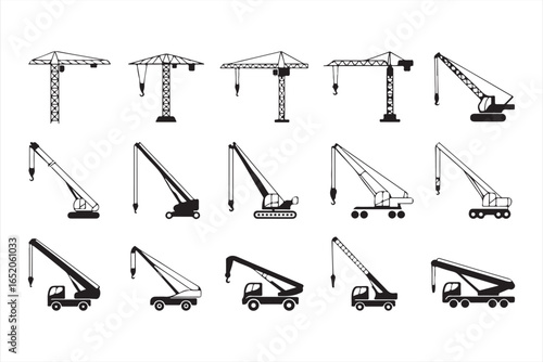 Industrial Crane Icon Pack Tower Crane Mobile Crane and Crawler Vector Set