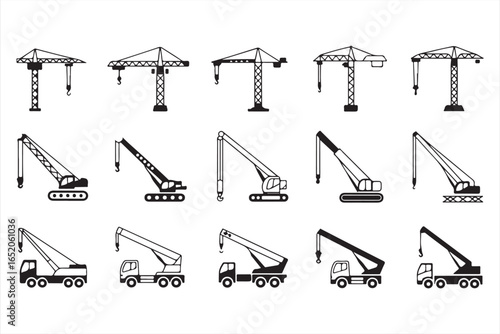Vector Construction Crane Icons Set Tower Mobile and Crawler Cranes Collection
