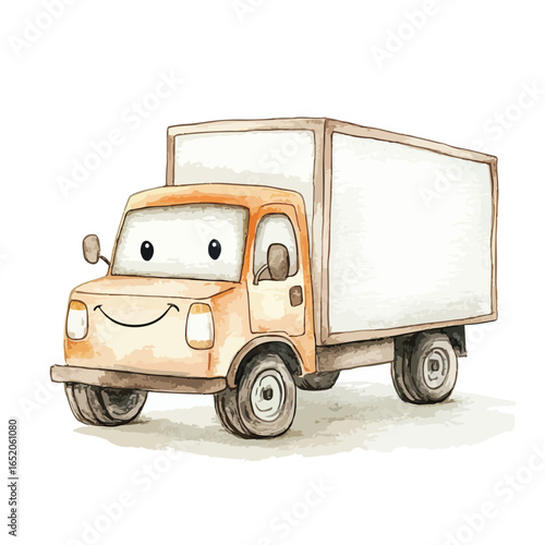 Watercolor Style Cartoon Delivery Truck with Smiling Face and Boxy Cargo Area