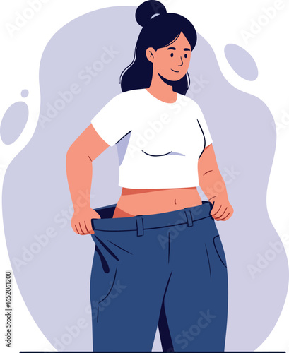 Woman showing loose pants after weight loss in casual white top vector illustration 