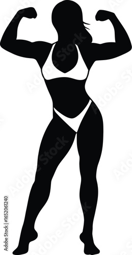 Silhouette of a strong woman flexing her biceps, showcasing fitness and muscular physique, ideal for health, wellness, and empowerment themes, perfect for gym or workout related designs.
