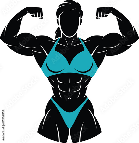 A stylized silhouette showcases a muscular woman flexing her biceps, highlighting fitness and strength, with a turquoise bikini adding a touch of color to the powerful physique.