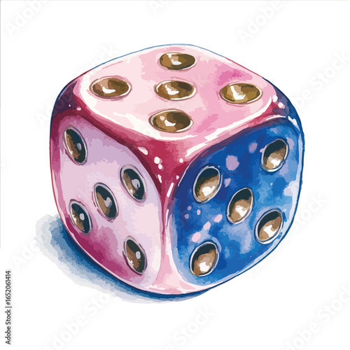 Watercolor Style Dice with Pink Red and Blue Facets and Brown Pips