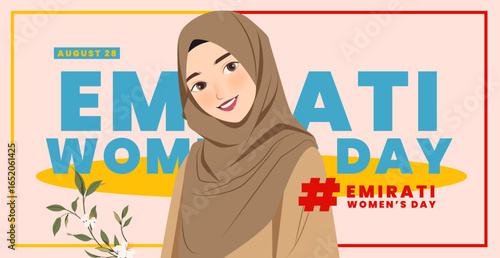 Emirates Women's Day Design with Female with Hijab Vector Illustration. Emirati Womens Day Template Suitable for Poster Banner Flyer Background. UAE Women's Day August.