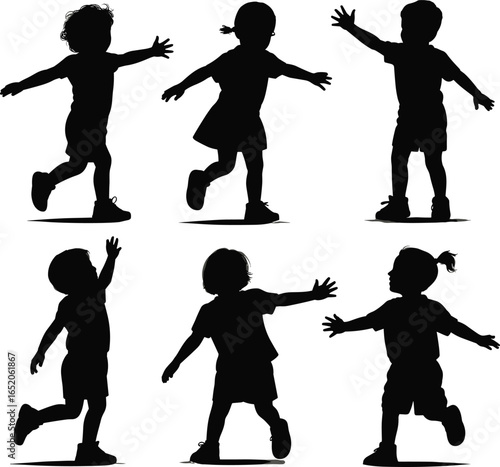PrintSilhouette of playful children, kids running and jumping, joyful childhood moments, energetic and active, fun and carefree, outdoor playtime