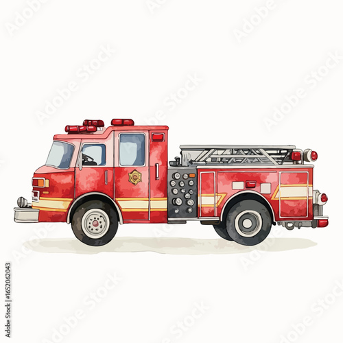 Watercolor Style Fire Engine with Ladder and Detailed Control Panel