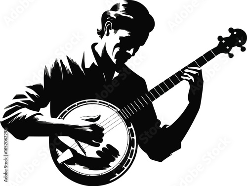 A striking monochrome illustration showcases a musician passionately playing a banjo, rendered in a bold, graphic style ideal for music-themed projects, posters, or artistic designs.