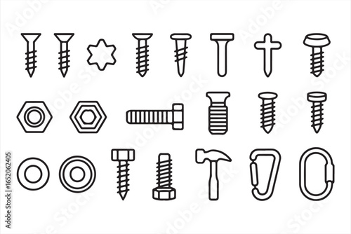 Minimal Line Icons of Hardware Tools Fasteners and Repair Equipment Collection