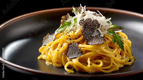 Gourmet Truffle Pasta Dish Served on a Black Plate with Fresh Herbs and Grated Cheese