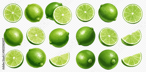 A collection of fresh green limes, shown whole, halved, and sliced into wedges on a transparent background.
