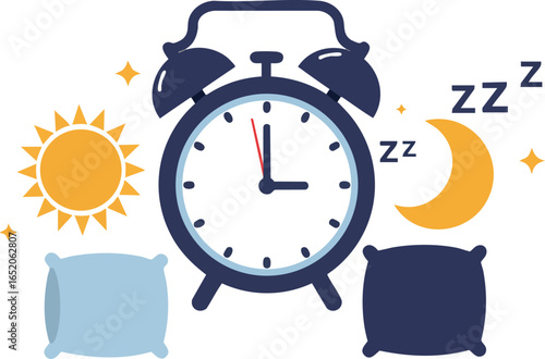 Alarm clock with sun and moon symbols representing day and night sleep cycle vector illustration 