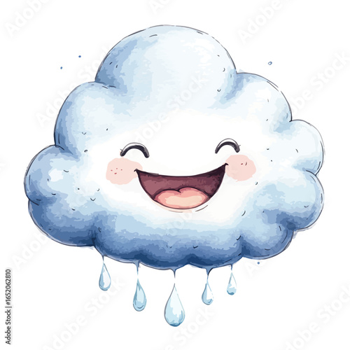 Watercolor style happy rain cloud with rosy cheeks and falling raindrops