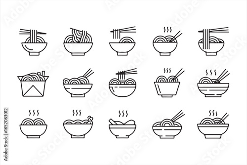 Modern Outline Vector Icons of Noodles Ramen and Asian Food Bowls