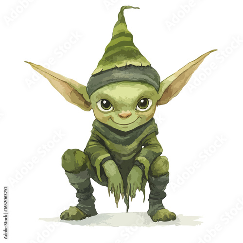Watercolor style illustration of a crouching green elf with a striped hat