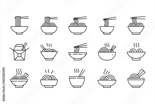 Minimal Line Icons of Noodle Bowls and Asian Ramen Food Vector Collection