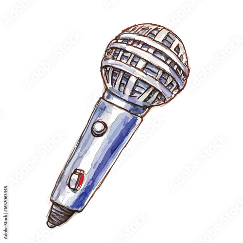 Watercolor style illustration of a handheld microphone with a silver handle