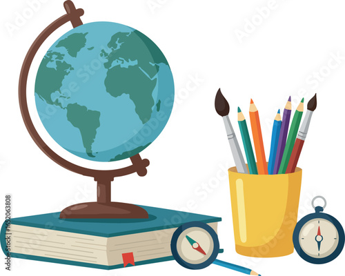 Educational globe with book colored pencils and compasses vector illustration for learning and study tools 