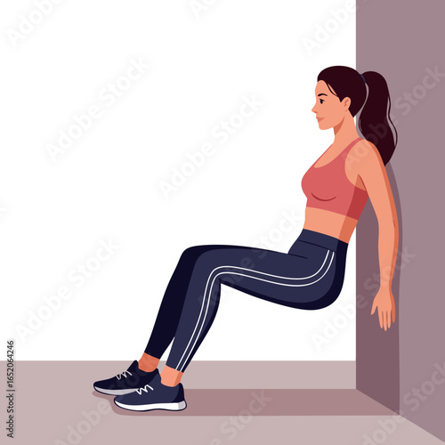 Woman Exercising Wall Sit Fitness Training for Strength and Endurance in Sports Activities 
