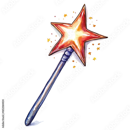 Watercolor Style Magic Wand with Red Star and Sparkling Golden Dust