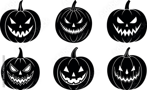 Six Spooky Black and White Halloween Jack OLantern Pumpkins