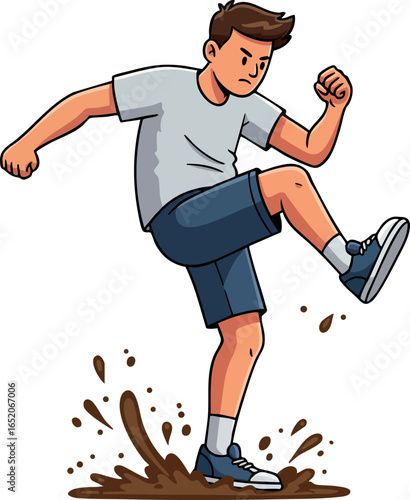 Young boy kicking mud splash outdoors active playful child vector illustration 