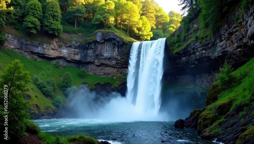 Taughannock Falls cascades down cliff face, water churning at base , whitewater, water