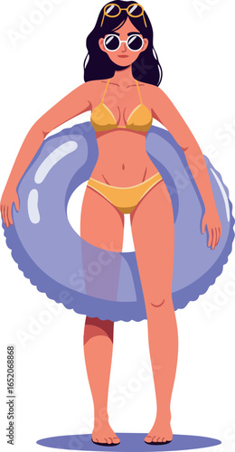 Woman in yellow bikini with purple swim ring summer beachwear vector illustration 