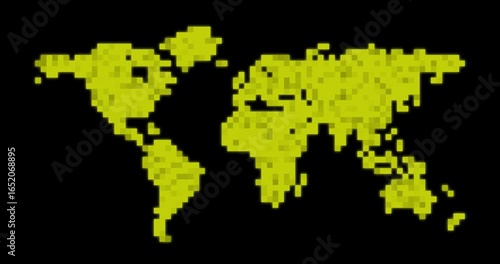 Design made with pixels of a video game-style world map in yellow on a black background