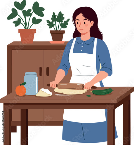 Woman preparing dough for cooking in kitchen with plants and vegetables vector illustration 