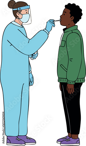 Healthcare worker performing nasal swab test on standing patient in protective gear vector illustration 