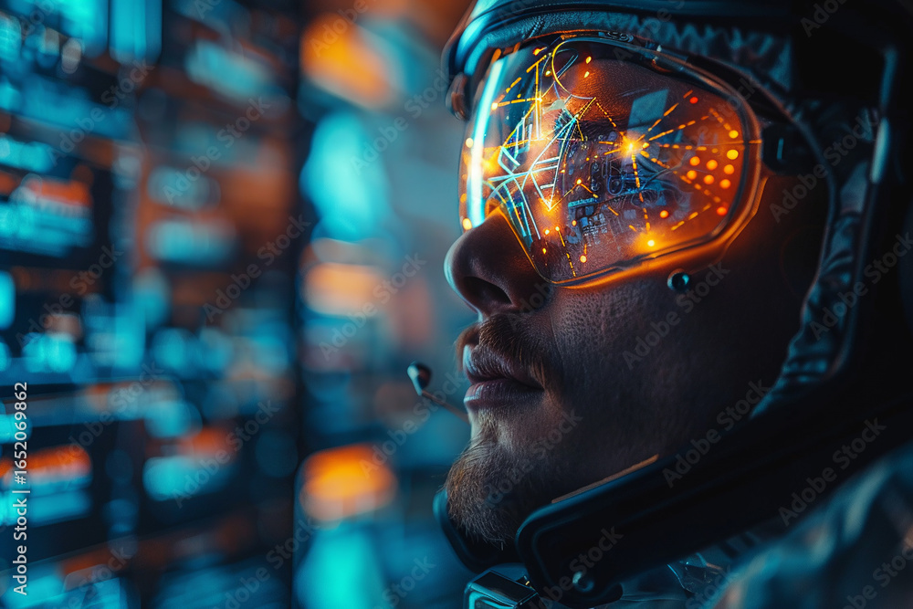 Obraz premium A pilot or operator wearing an augmented reality visor with a complex heads-up display. A concept for human augmentation enhancing situational awareness and control in a futuristic cockpit or command 