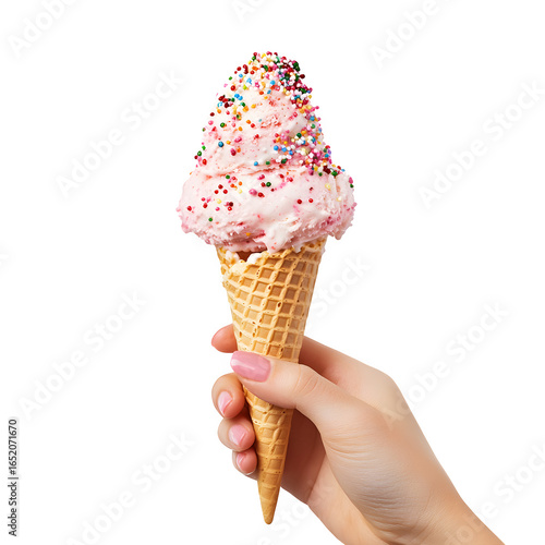 A hand holding a delicious ice cream in a waffle cone