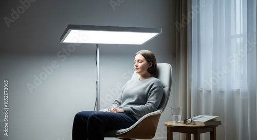 Serene Woman Under Bright Light Therapy Lamp, Relaxing in Modern Chair
