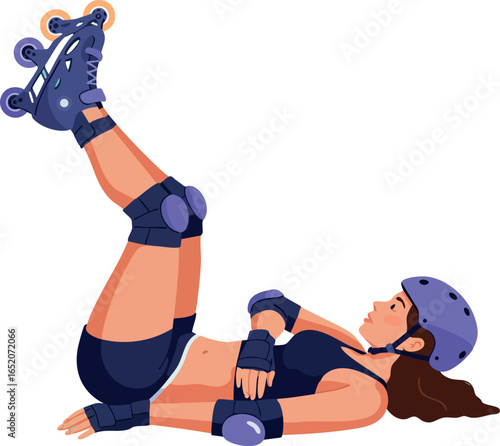 Woman resting in protective gear lying on back with roller skates in purple and black outfit 
