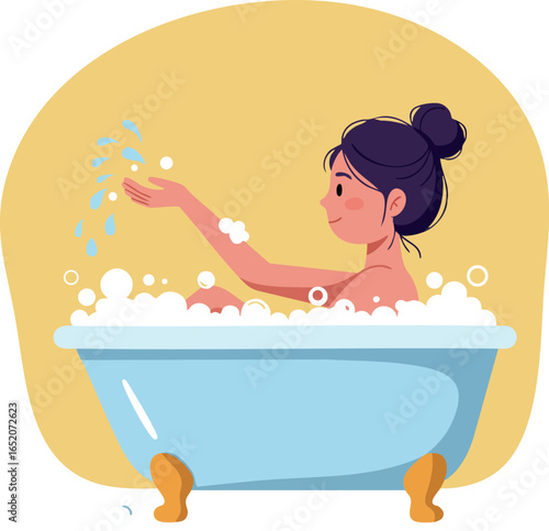 Woman Relaxing in Bathtub with Bubbles and Water Splash Illustration 