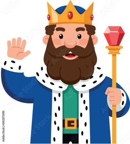 King cartoon character with crown and royal blue robe holding scepter vector illustration 