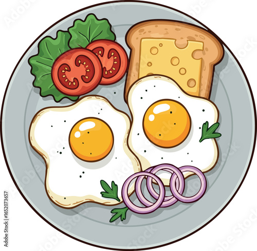 Fried Eggs with Toast and Fresh Vegetable Breakfast Plate Vector Illustration 
