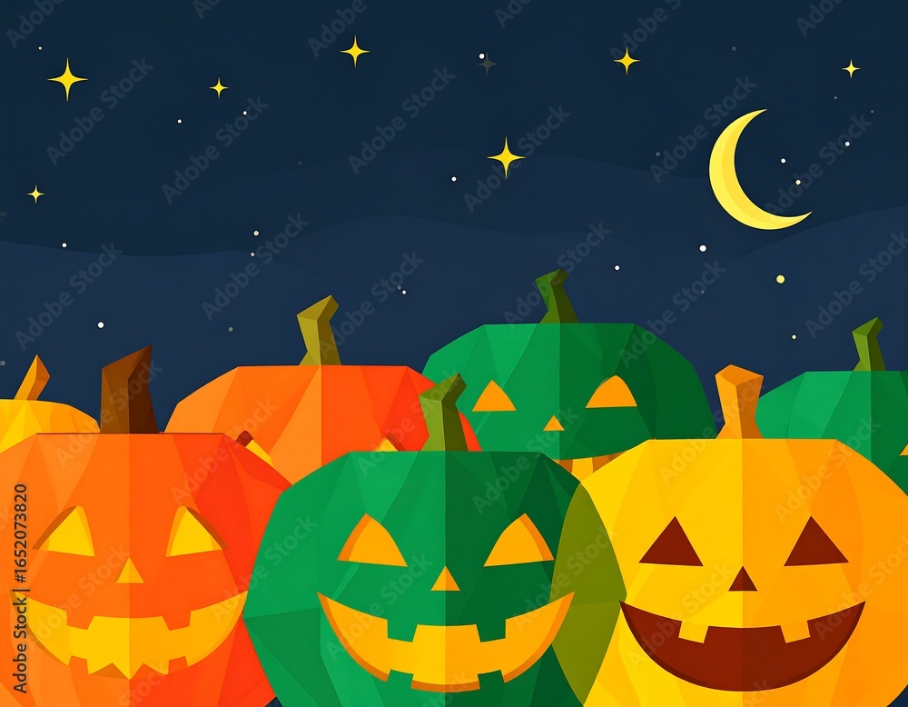Fototapeta premium Halloween pumpkins in low-poly style at night