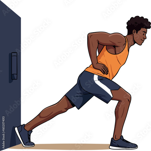 Man doing wall calf stretch exercise for fitness and flexibility in sportswear 