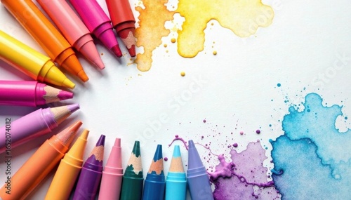 A rainbow of markers, pastels, and watercolors on white , top view, flatlay