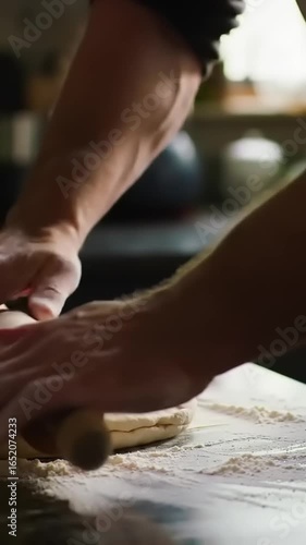 Hands kneading pasta dough with kitchen.