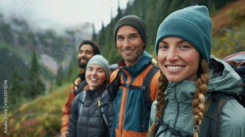 Group of friends hiking in the mountains, A diverse group of an hikers on a scenic mountain trail