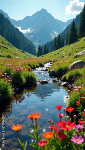 Crystal clear stream, alpine wildflowers in full bloom, meadow, landscape