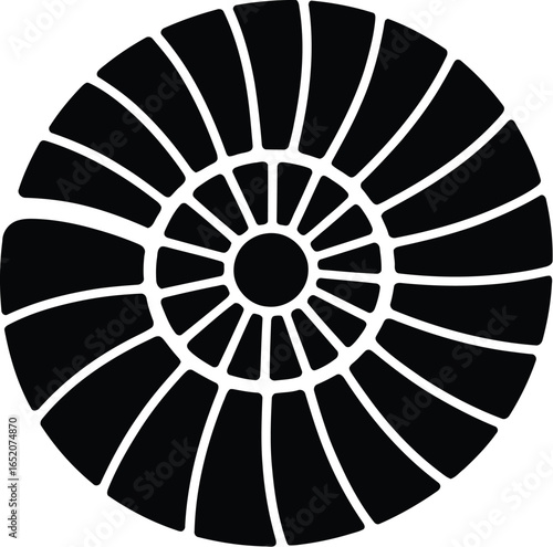 A striking black ammonite fossil illustration showcases the intricate spiral pattern and ancient marine life, ideal for paleontology enthusiasts and educational resources, lending a touch of prehistor